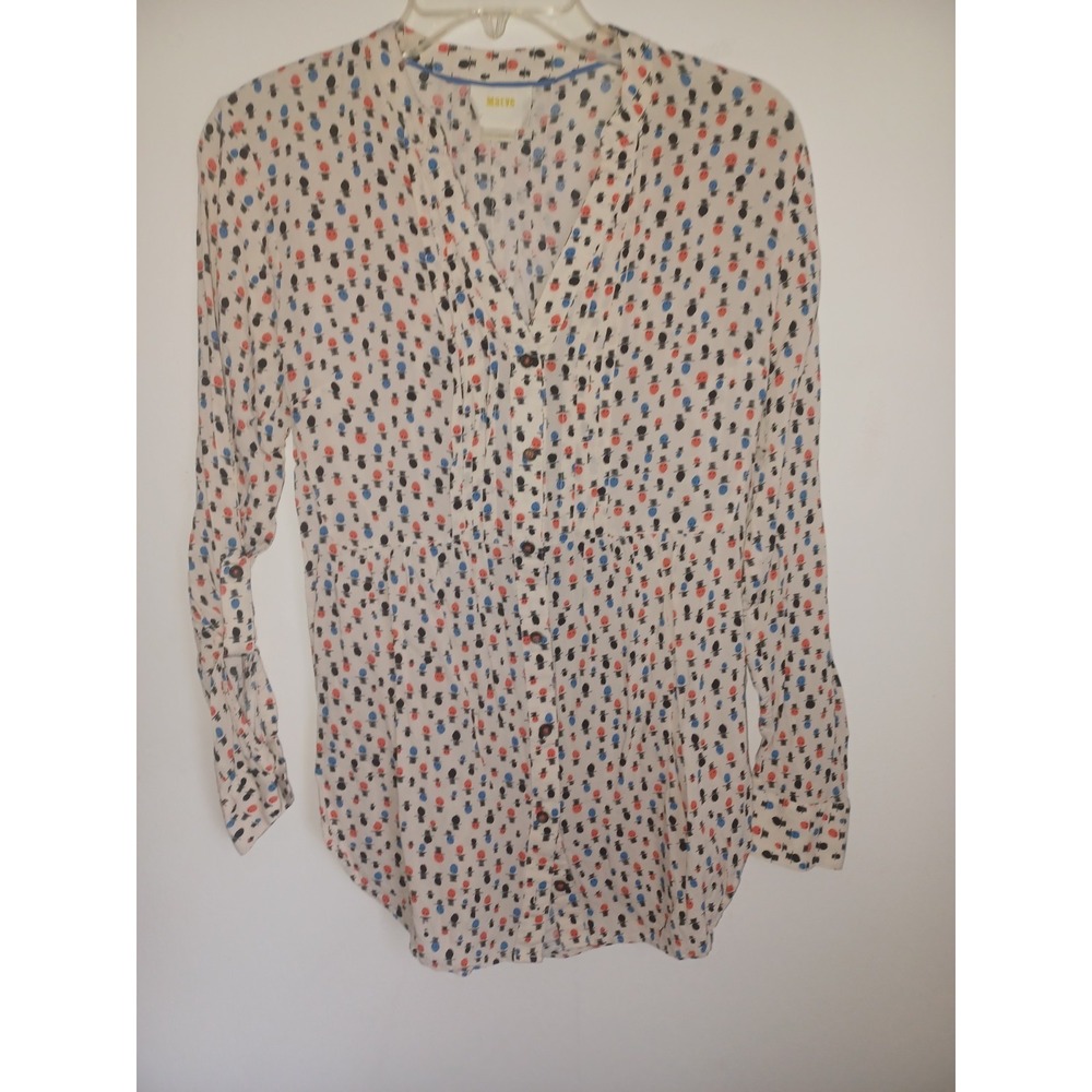 Anthropologie Maeve Womens Calia‎ Top Sz 4 Pintuck Printed Tunic Long Sleeve